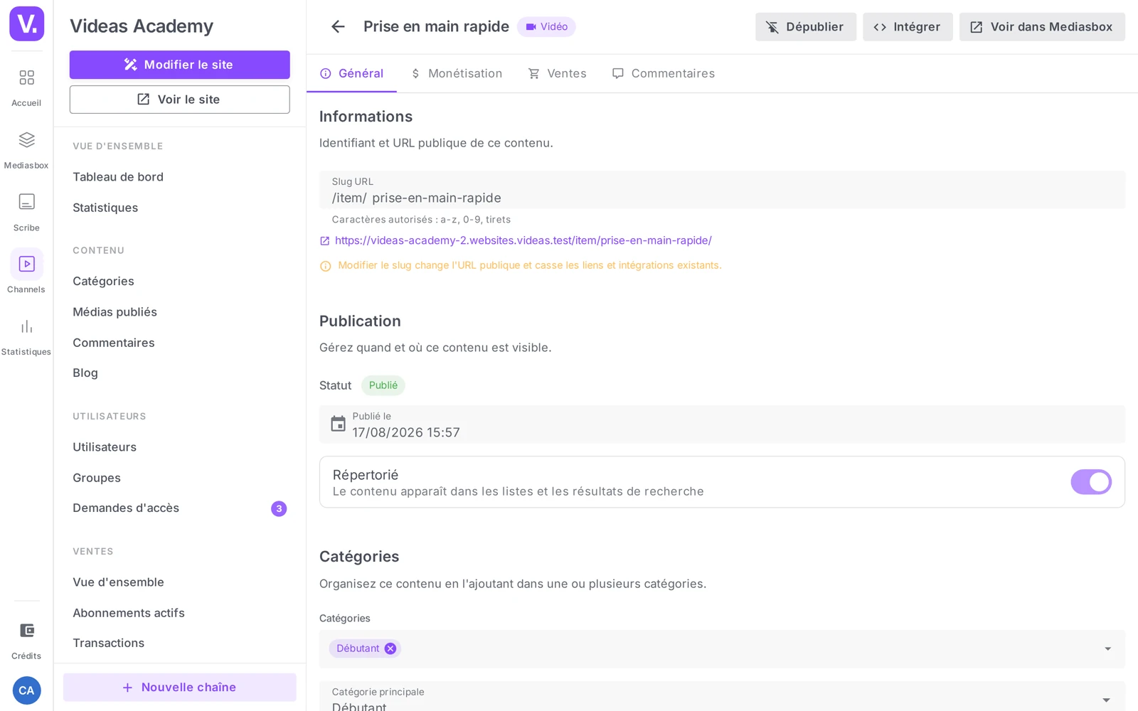 la section Accès sur la fiche d’un contenu (sélecteur de niveau + descriptions)