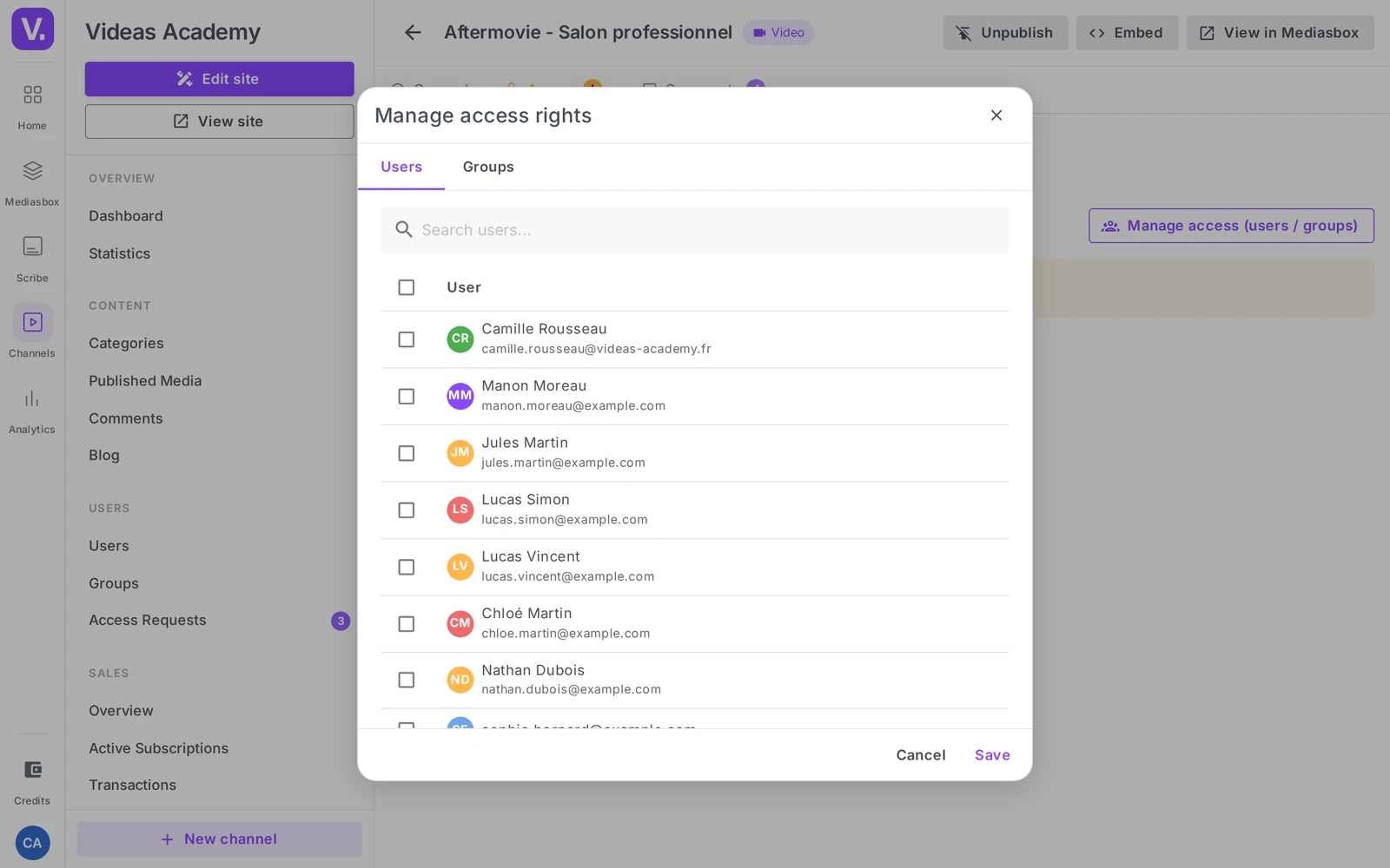 the Manage access button and its dialog (authorized users / groups, Revoke)