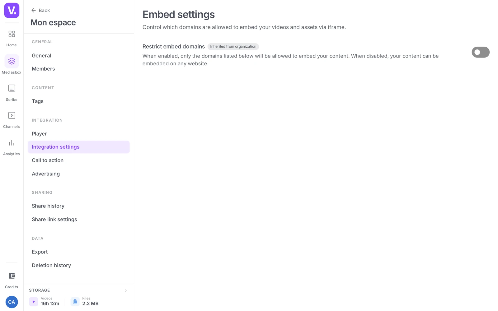 the Embed settings page with the “Restrict embedding domains” setting and the list of allowed domains