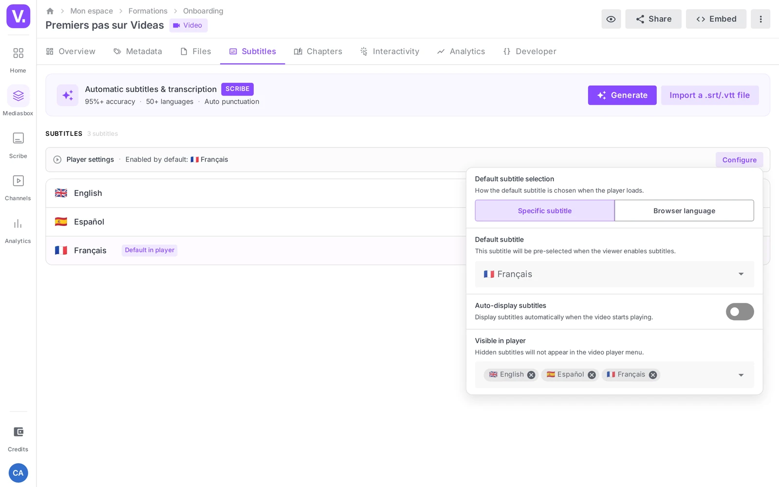 the “Player configuration” popover (default subtitle, mode, visibility)