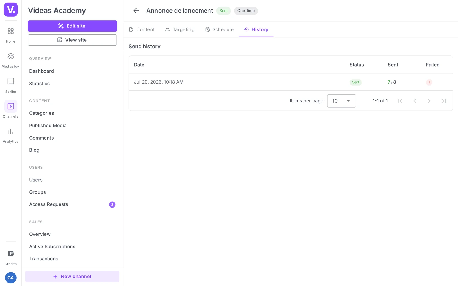 the Send history tab (Date / Status / Sent / Failed columns)