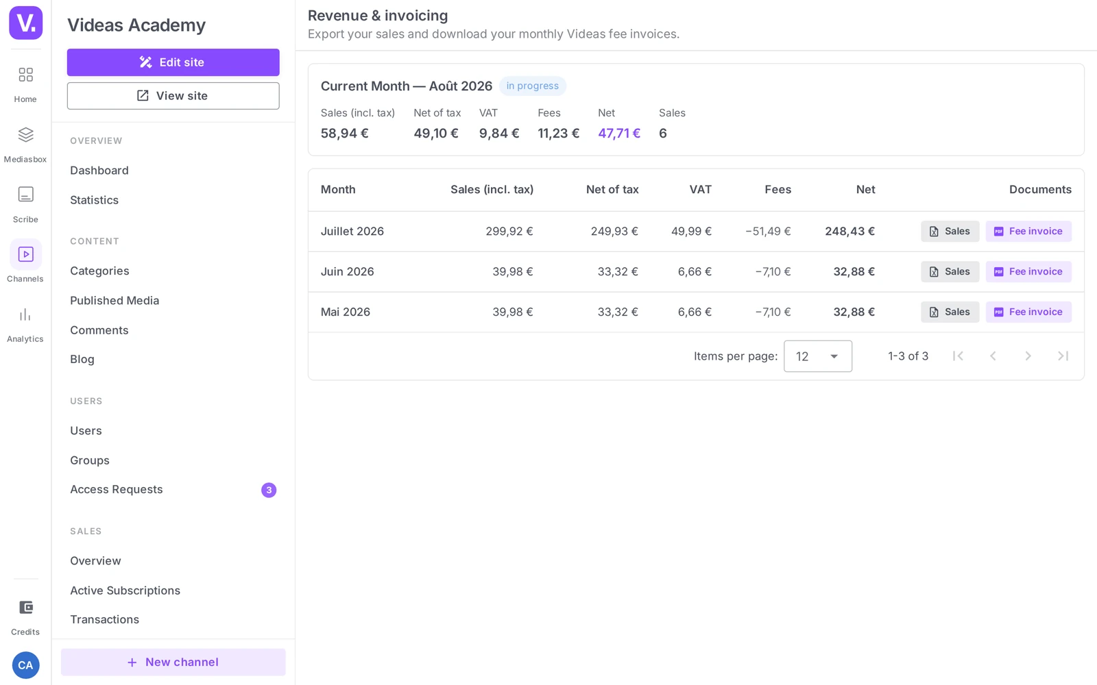 the Revenue & billing view with the monthly statement and the documents to download