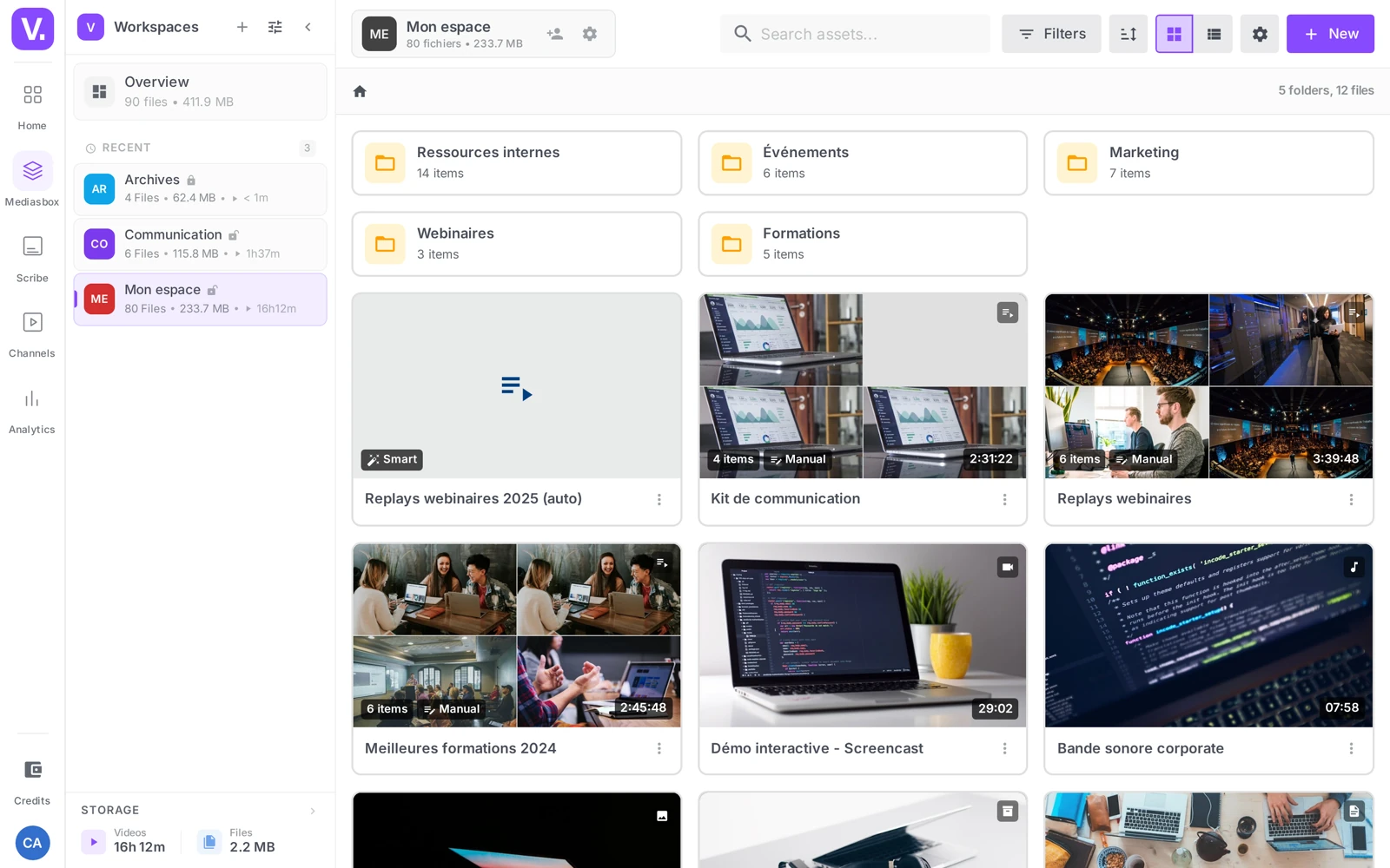 the side menu (Home, Mediasbox, Scribe, Channels, Streams, Analytics) + the Spaces panel open in Mediasbox