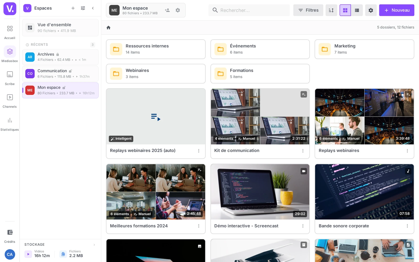 le menu latéral (Accueil, Mediasbox, Scribe, Channels, Streams, Statistiques) + le panneau Espaces ouvert dans Mediasbox