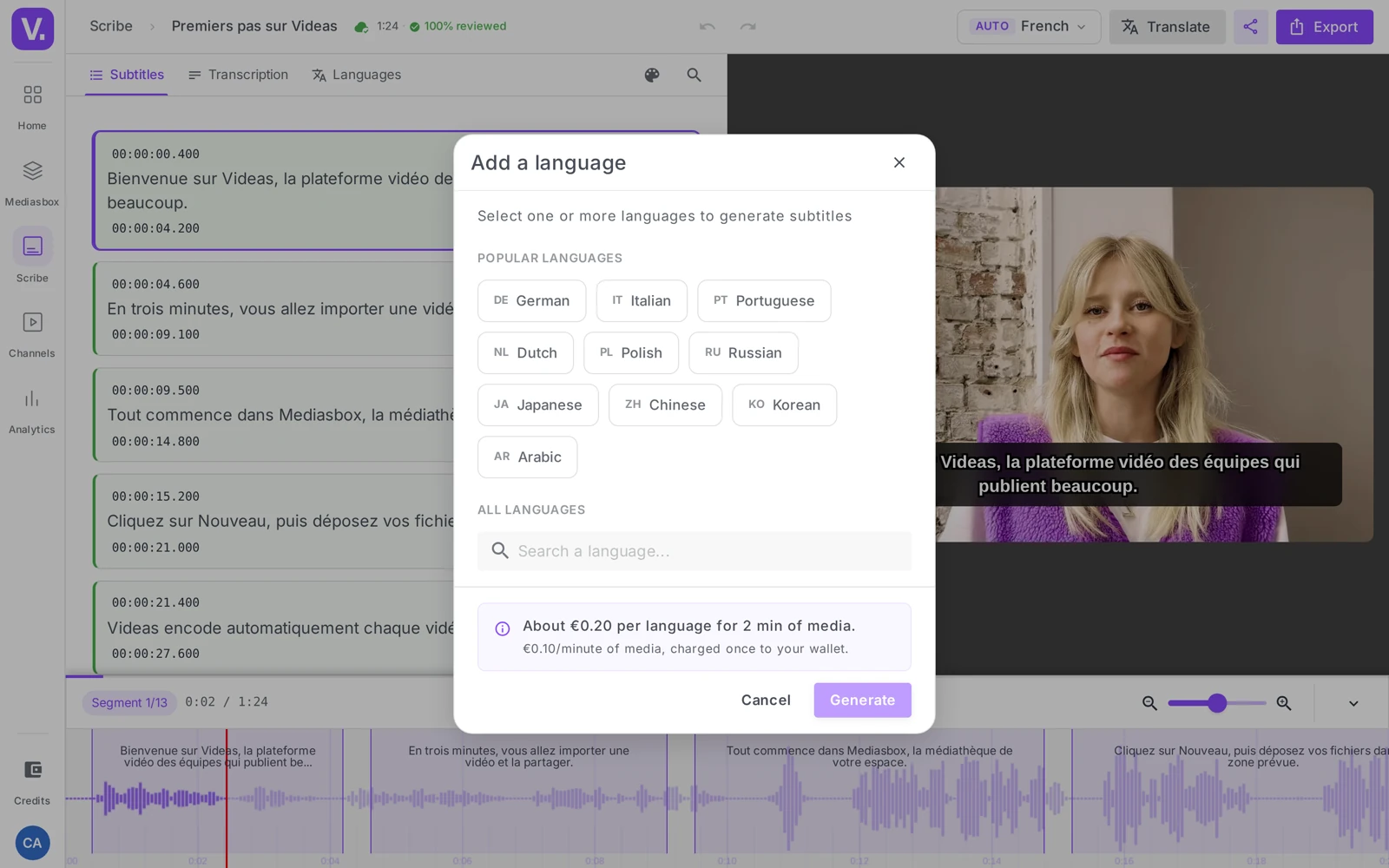 the “Add a language” window with several languages selected