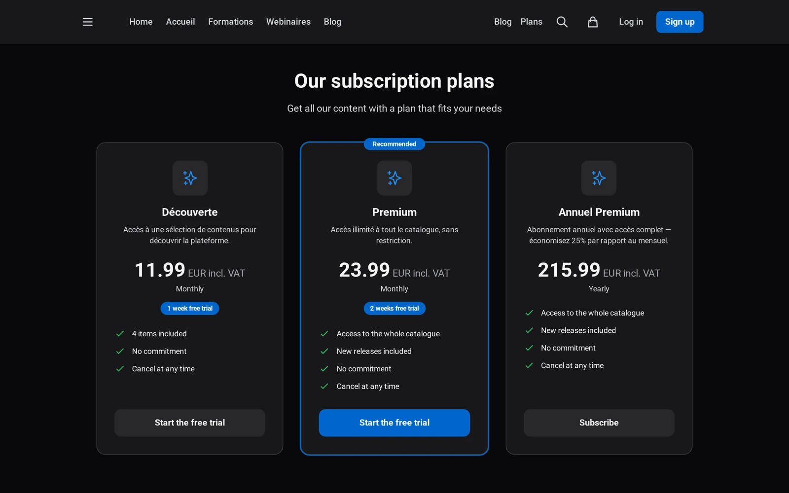the public Plans page, where visitors compare the subscriptions on offer