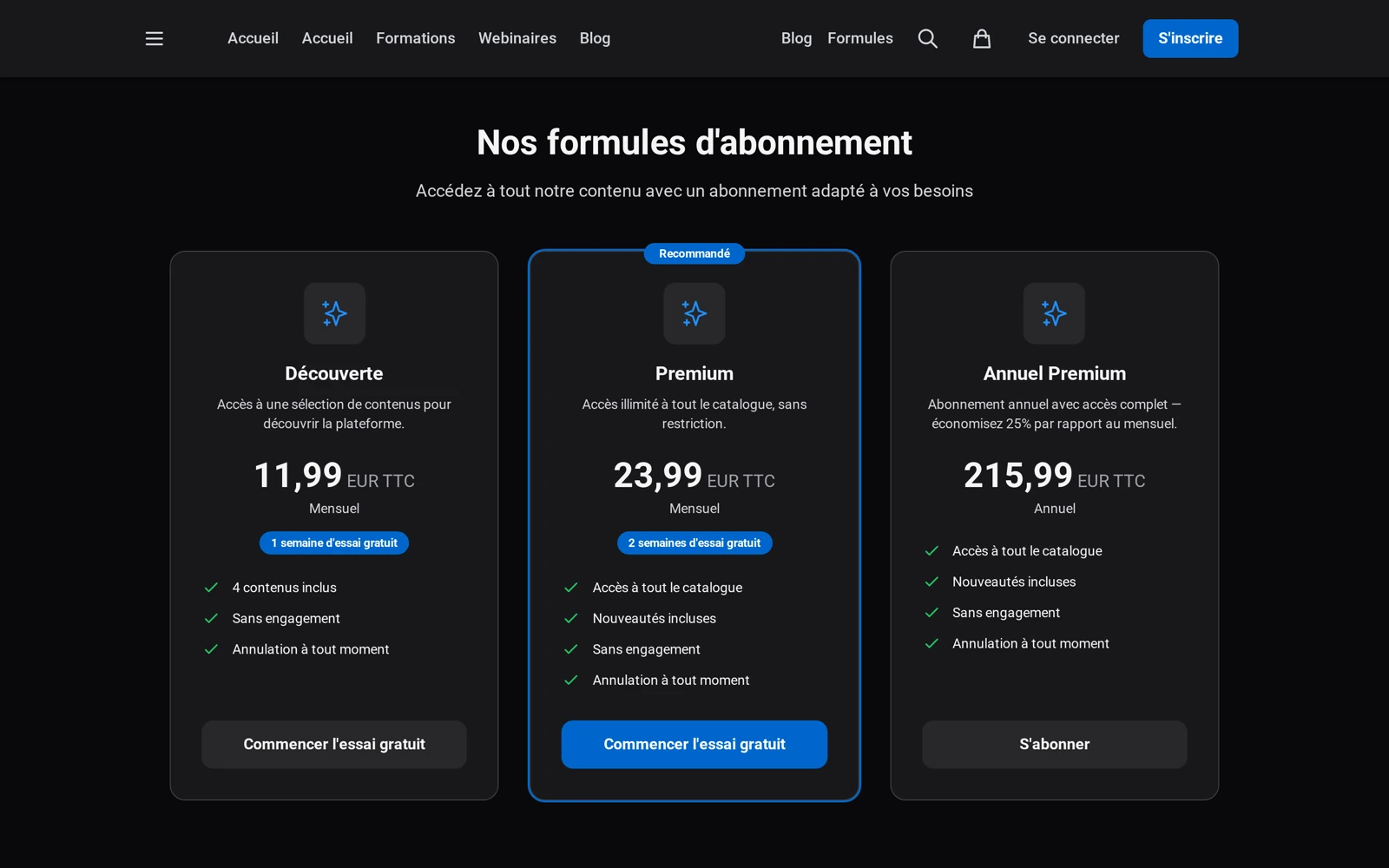 la page Formules du site public, où le visiteur compare les abonnements proposés