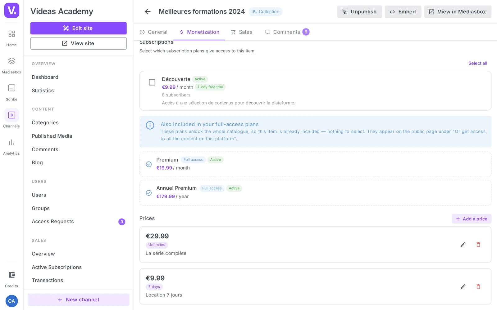 a collection published on the channel, set to Paid, with its purchase and rental prices