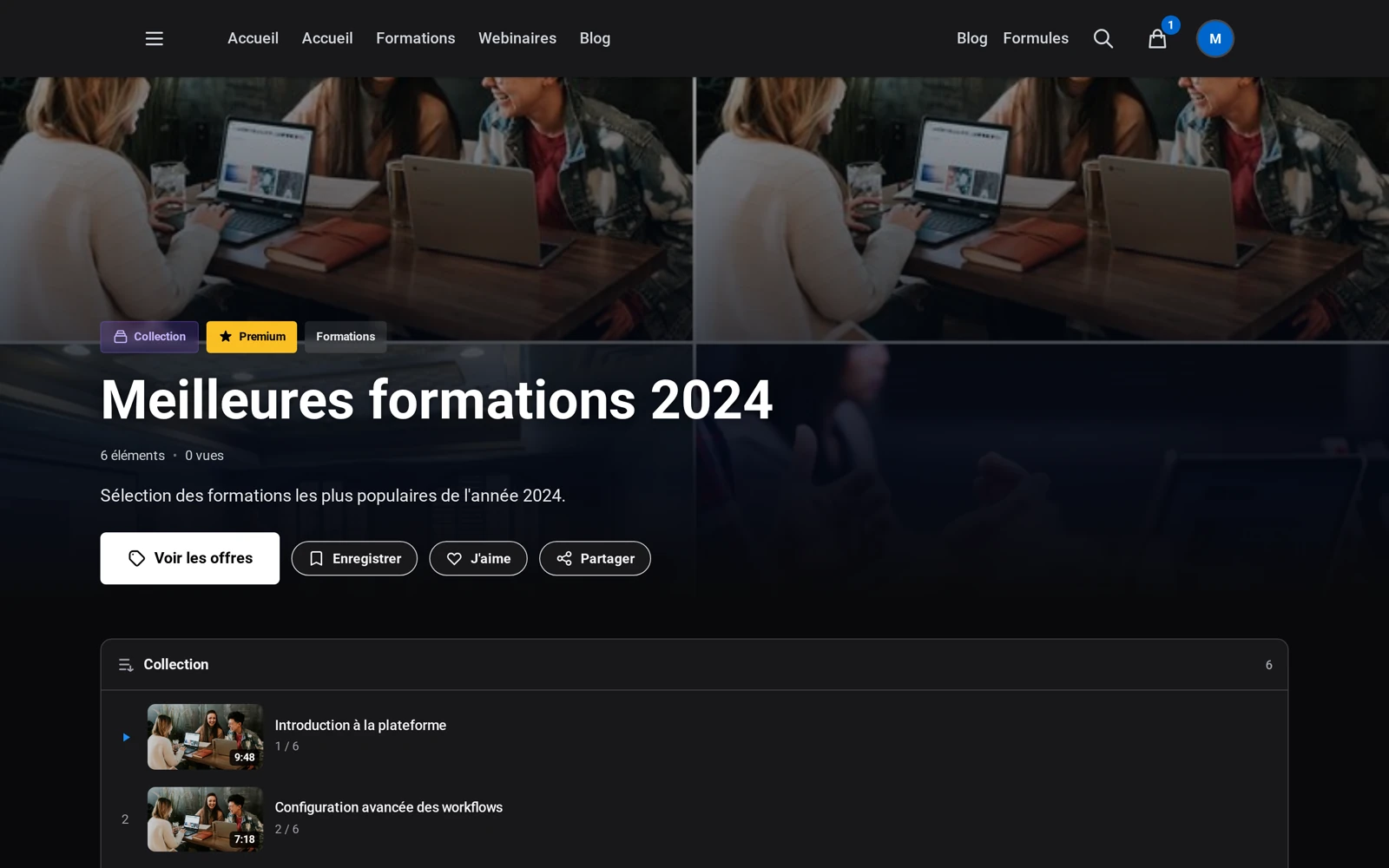 la page publique de la collection vendue : ses badges, le bouton Voir les offres et la liste de ses épisodes