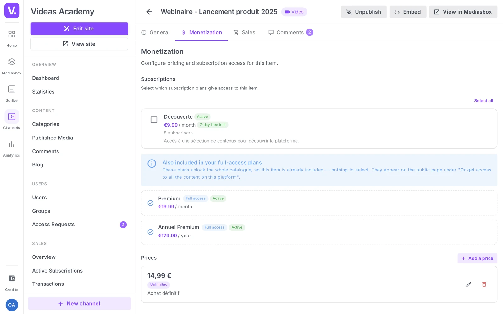 the Prices section of a paid item’s Monetization tab, with its purchase and rental prices