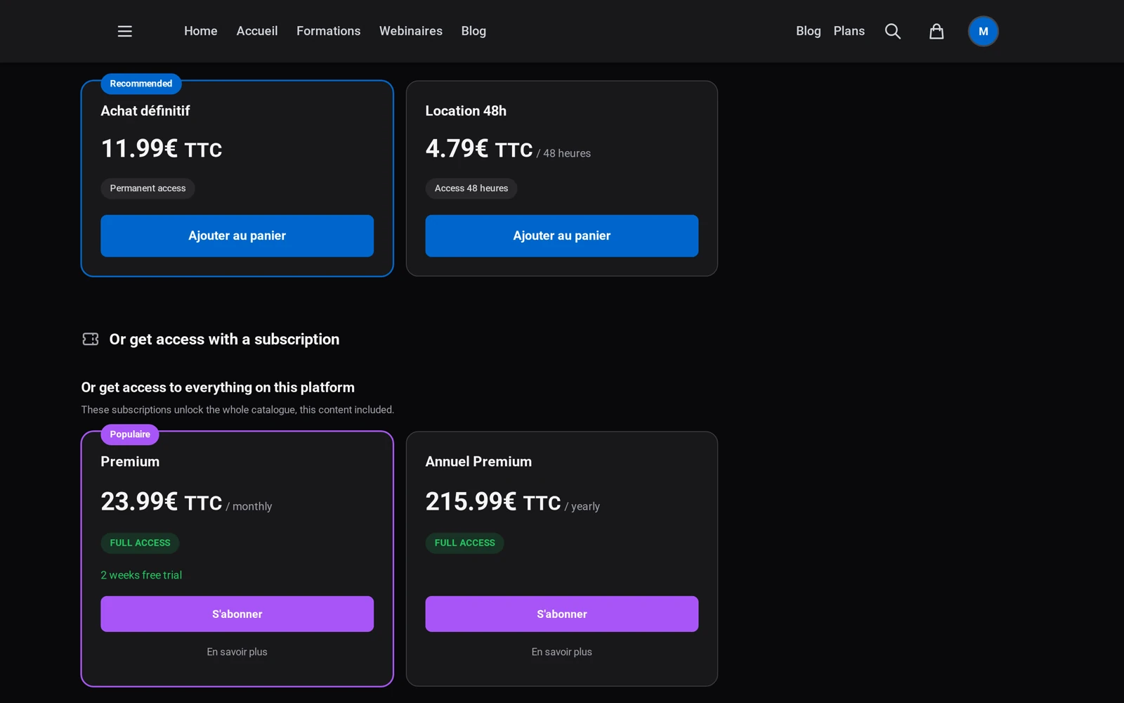 the public page of the video: permanent purchase and rental side by side, then subscriptions as an alternative
