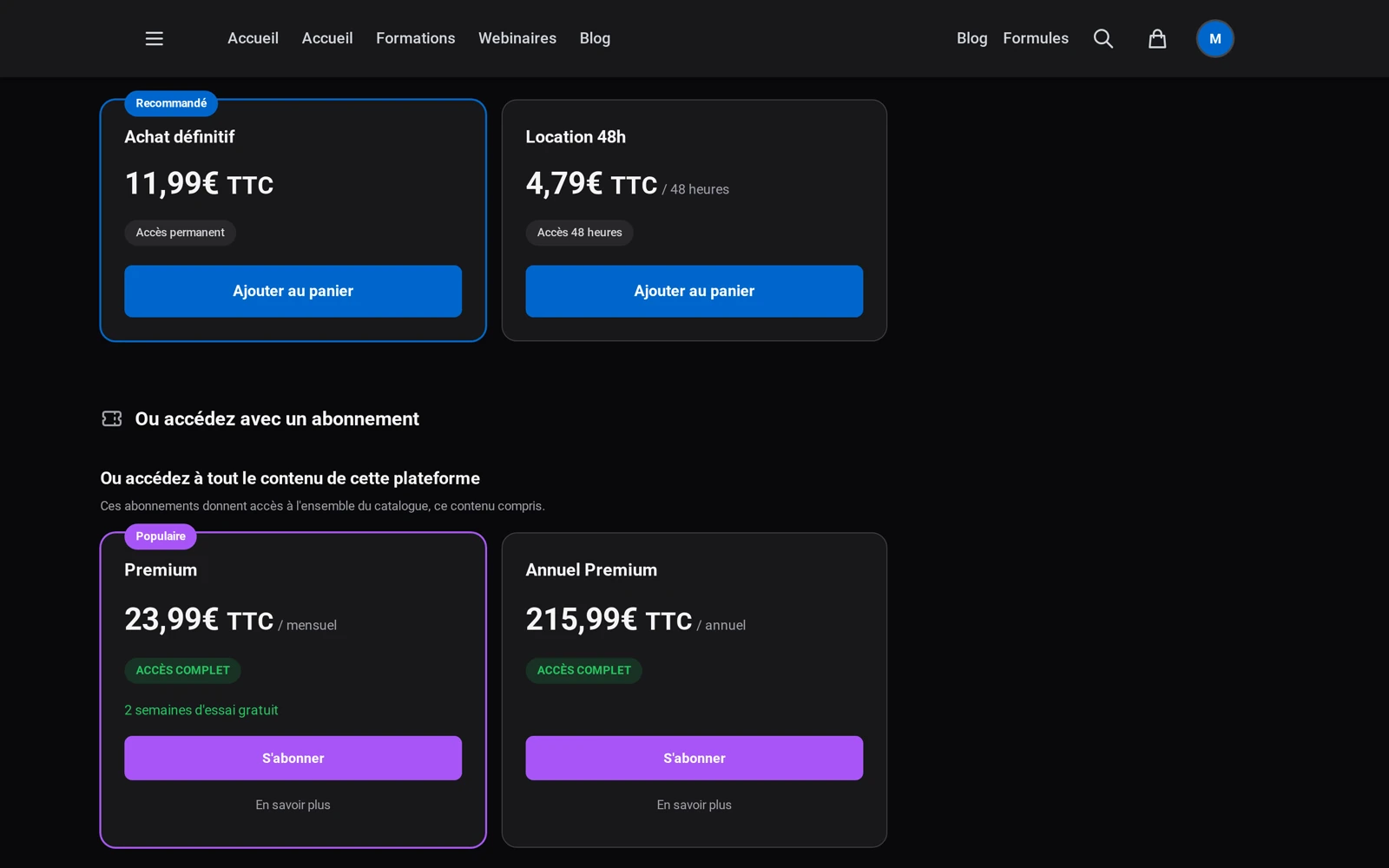 la fiche publique de la vidéo : Achat définitif et Location côte à côte, puis les abonnements en alternative