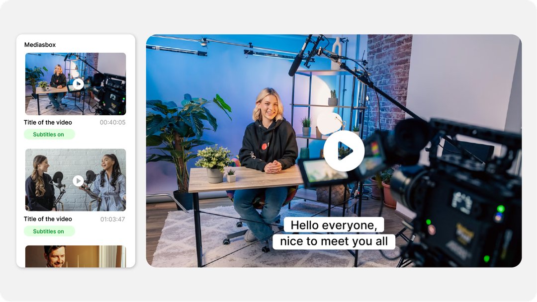 Interface Videas montrant un lecteur vidéo avec sous-titres automatiques intégrés