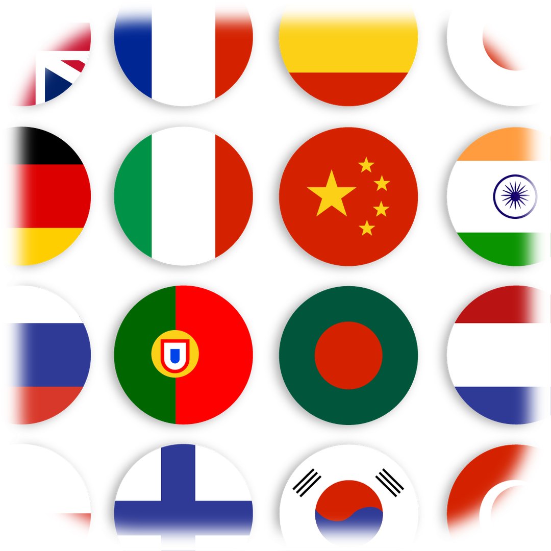 Drapeaux multiples représentant les langues disponibles pour la traduction automatique des sous-titres sur Videas