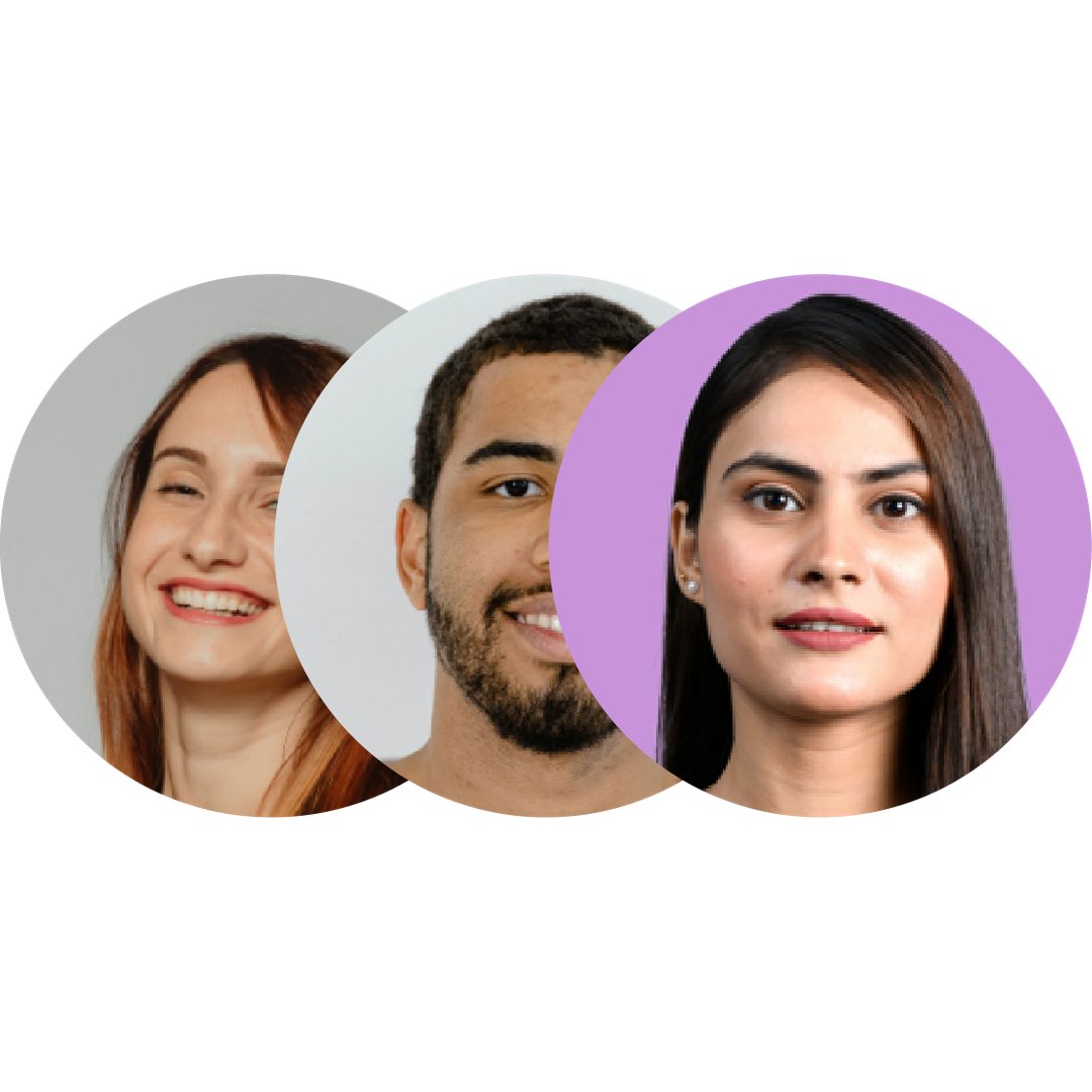 Trois photos de profil souriantes de l'équipe représentant le support client Videas