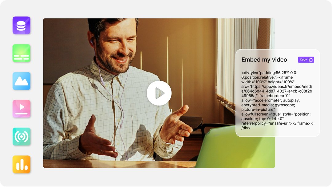 Interface Videas montrant un lecteur vidéo et un code d'intégration