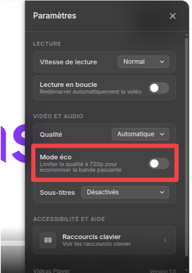 Le mode Eco plafonne la qualité à 720p pour économiser la bande passante et l'énergie.