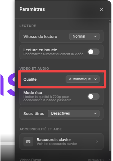 Le sélecteur de qualité permet de choisir entre Auto, 360p, 480p, 720p et 1080p.