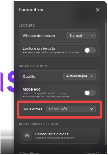 Le sélecteur de sous-titres dans le panneau de paramètres permet de choisir une langue.