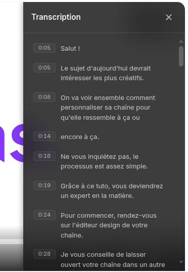Le panneau de transcription avec timecodes synchronisés et recherche plein texte.
