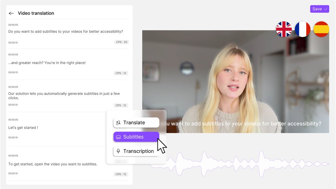 Éditeur de sous-titres Videas Scribe avec timeline, forme d'onde et sélecteur de pistes multilingues