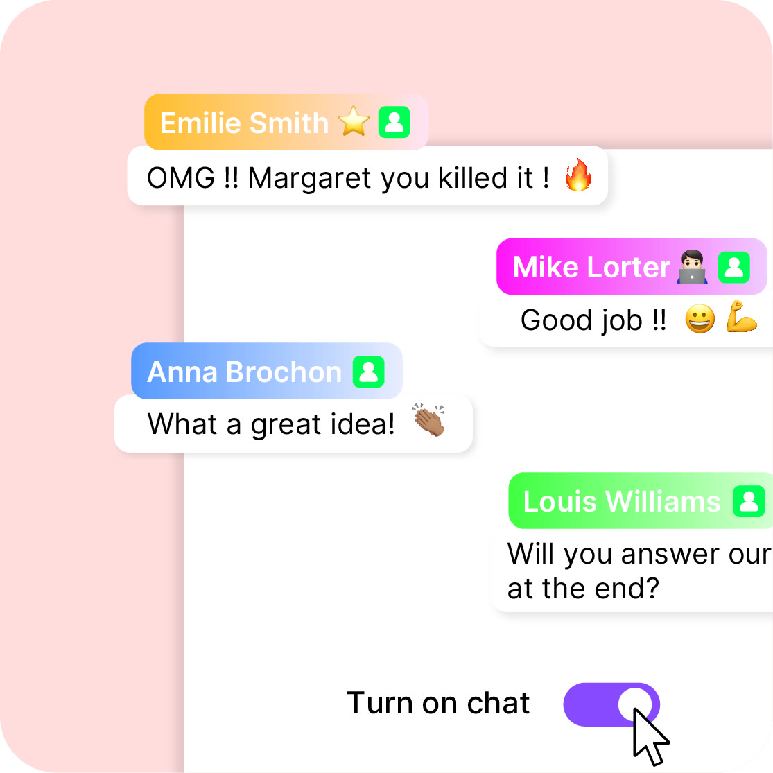 Panneau de chat en direct avec messages des spectateurs à côté du flux vidéo