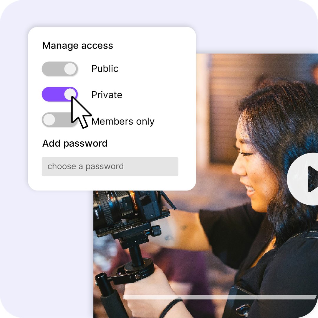 Interface de gestion des accès Videas avec options Public, Privé et Membres uniquement avec video en arrière plan
