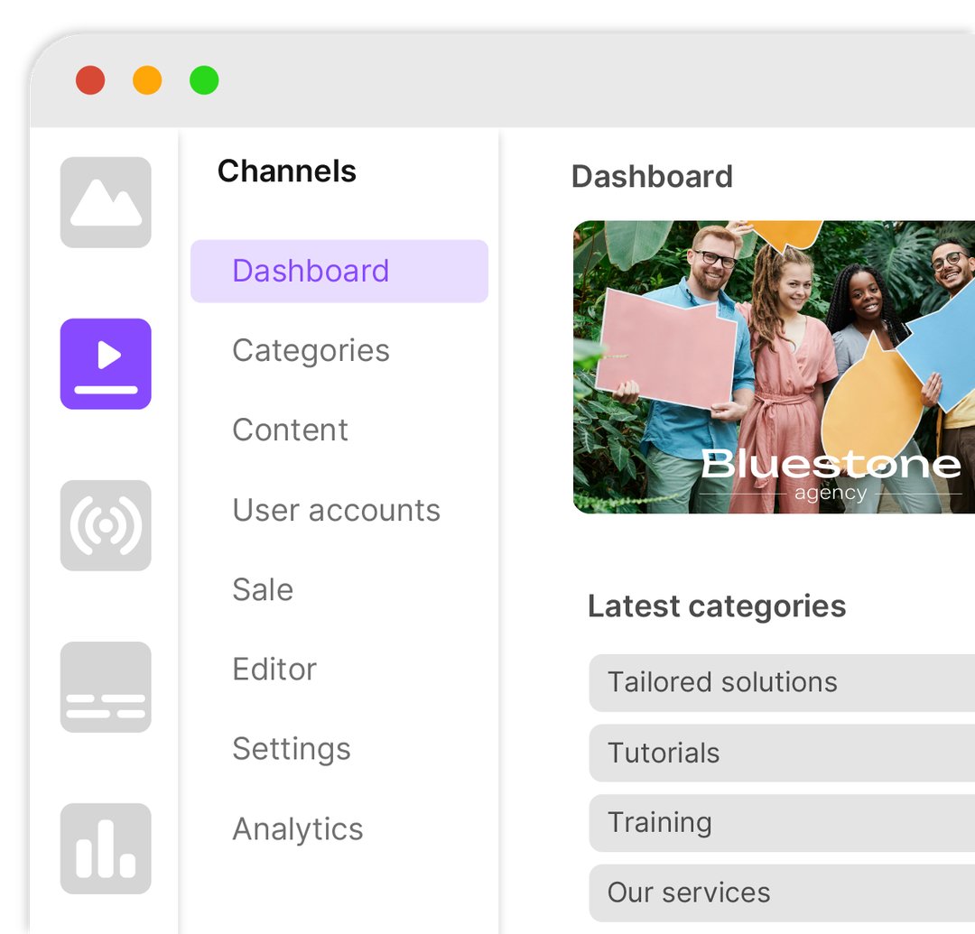 Interface du tableau de bord d'administration pour la gestion des chaînes et du contenu Web TV.